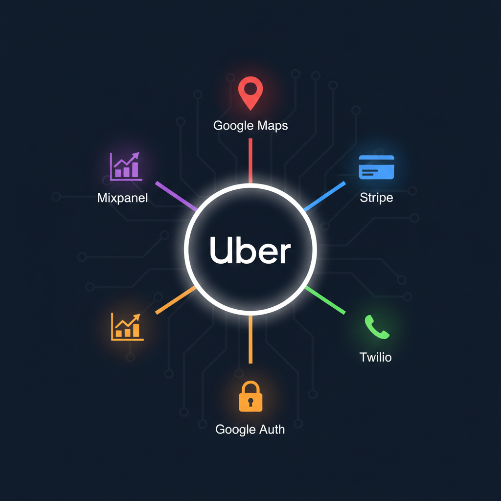 Diagram showing Uber at the centre connected to five external APIs: Google Maps for location and routing, Stripe for payment processing, Twilio for SMS and voice communications, Mixpanel for analytics, and Google Auth for user authentication.