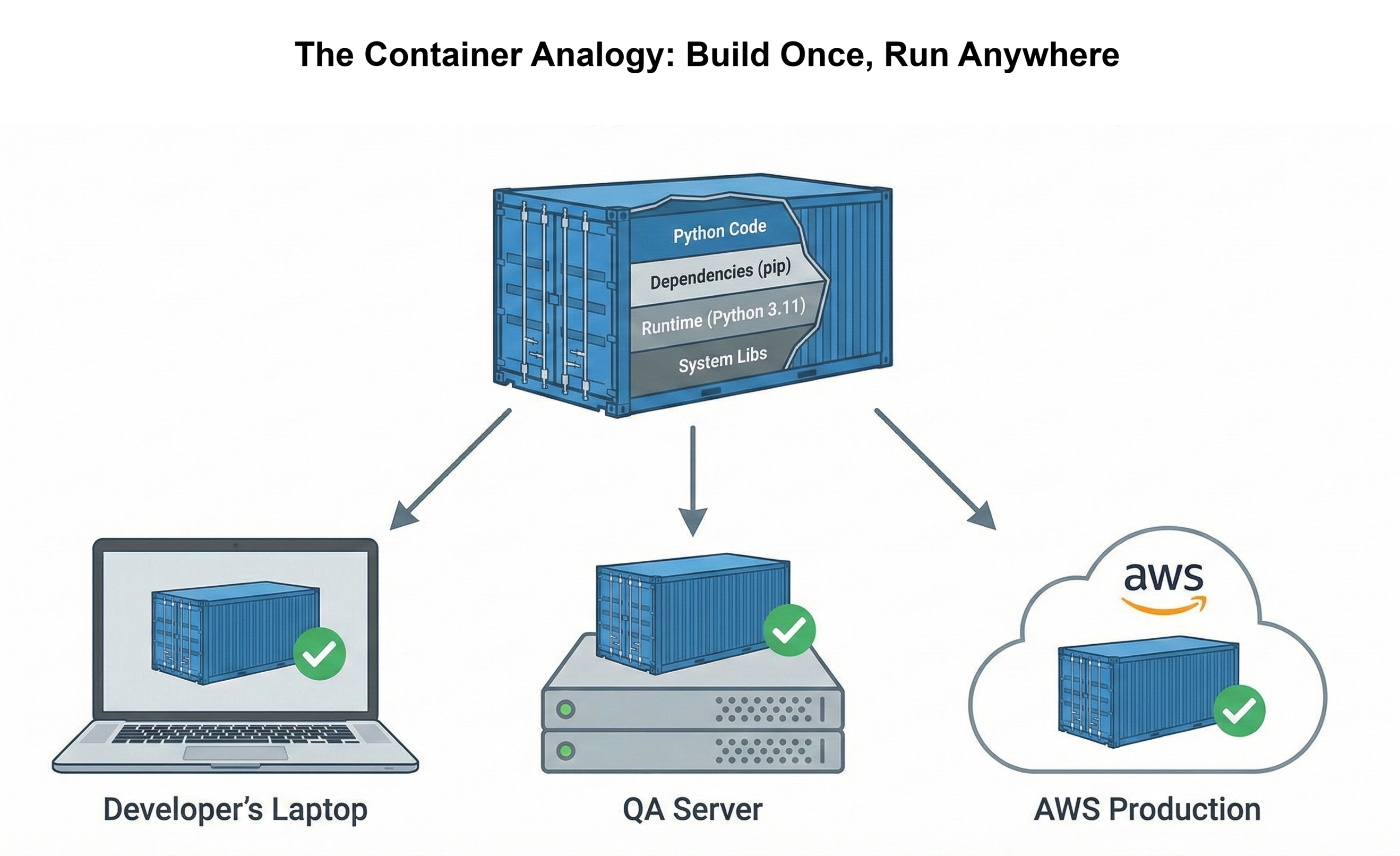 Diagram titled 'The Container Analogy: Build Once, Run Anywhere'. A large blue shipping container shows a cutaway with layers labeled Python Code, Dependencies (pip), Runtime (Python 3.11), and System Libs. Arrows point down to three environments: Developer's Laptop, QA Server, and AWS Production. Each environment shows the same shipping container with a green checkmark for compatibility.