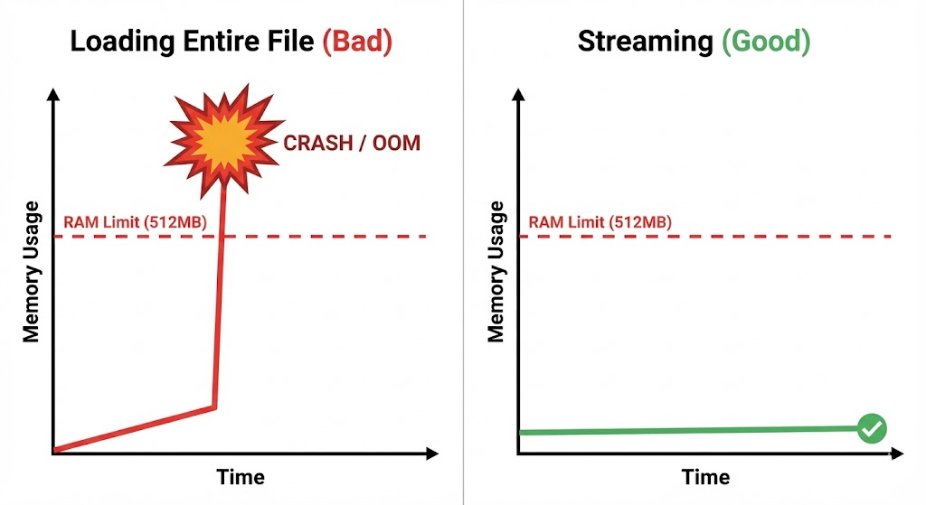 Side-by-side comparison graph showing memory usage over time. Left side labeled 'Loading Entire File (Bad)' shows memory spiking from zero to above the 512MB RAM limit, hitting a crash/OOM error with an explosion icon. Right side labeled 'Streaming (Good)' shows memory staying flat and constant well below the 512MB limit with a green checkmark.