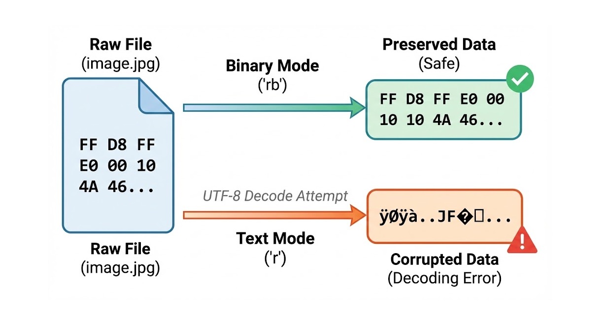 Diagram comparing binary mode versus text mode when opening files. The left side shows a raw image.jpg file with hex bytes FF D8 FF E0. The top path shows binary mode ('rb') preserving the data safely with the same hex bytes. The bottom path shows text mode ('r') attempting UTF-8 decode, resulting in corrupted data with garbled characters and a decoding error warning.