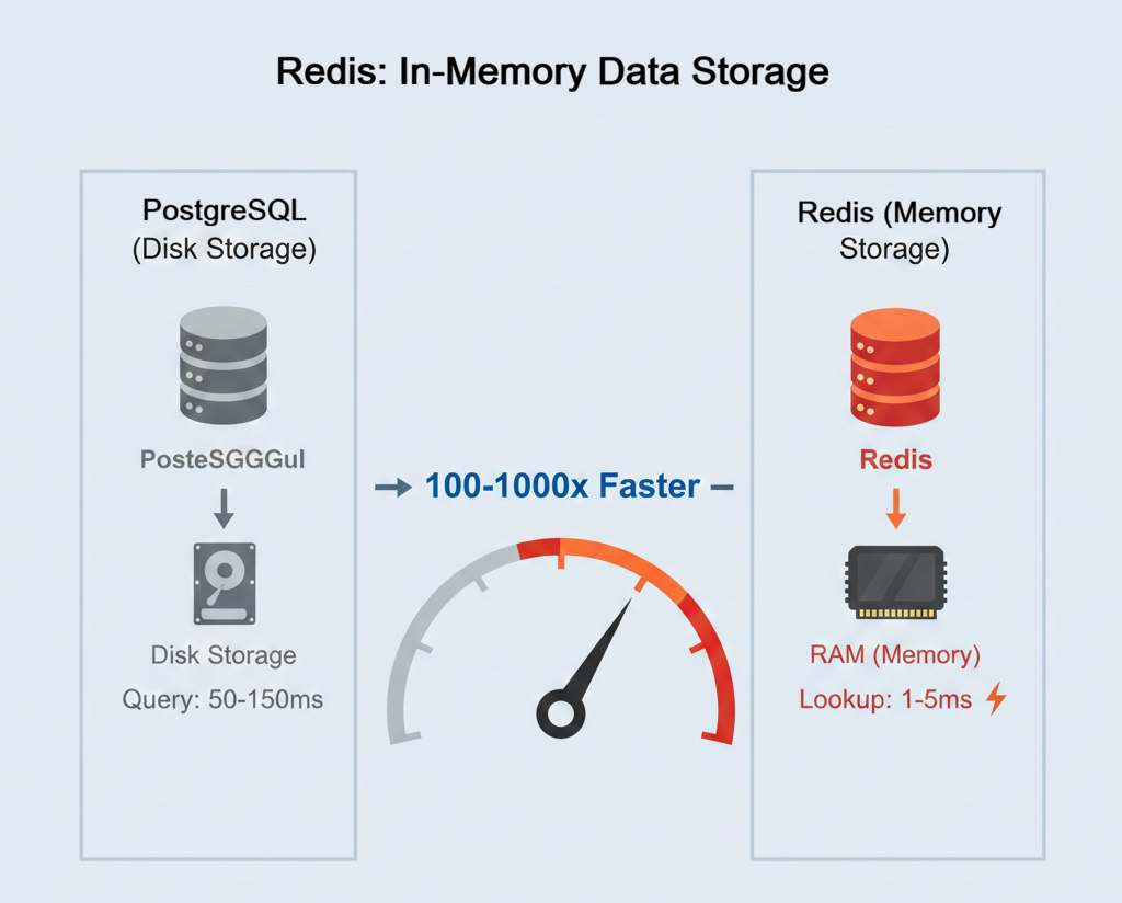 Comparison diagram showing PostgreSQL disk storage versus Redis in-memory storage. PostgreSQL reads from disk with 50-150ms query time. Redis reads from RAM with 1-5ms lookup time, demonstrating 100-1000x speed advantage. Bottom shows simple key-value storage example.
