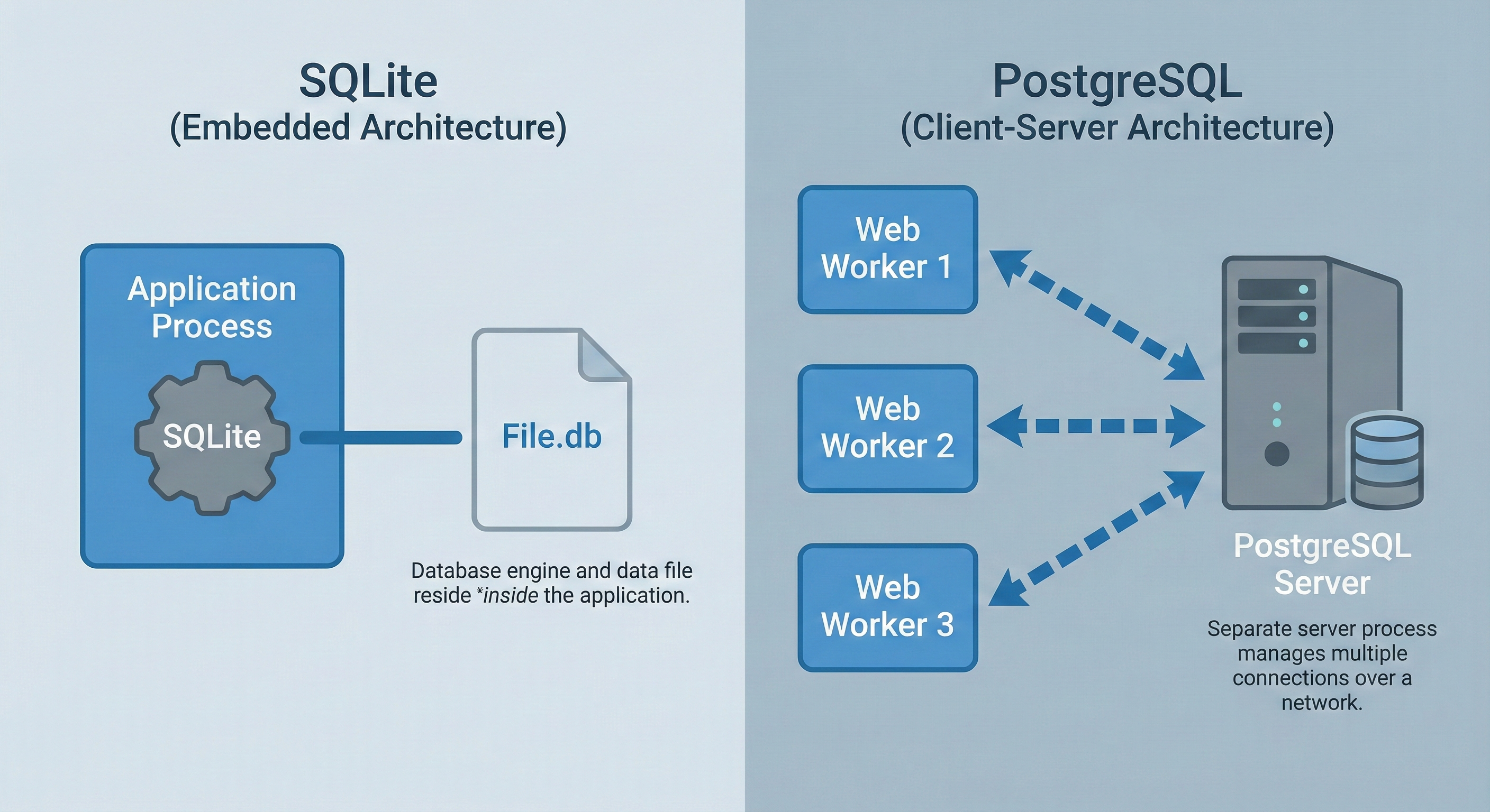 Architecture comparison diagram showing SQLite on the left as embedded architecture with an application process containing SQLite engine connecting to a single File.db. PostgreSQL on the right shows client-server architecture with three web workers (Web Worker 1, 2, and 3) all connecting over a network to a separate PostgreSQL Server process managing the database.
