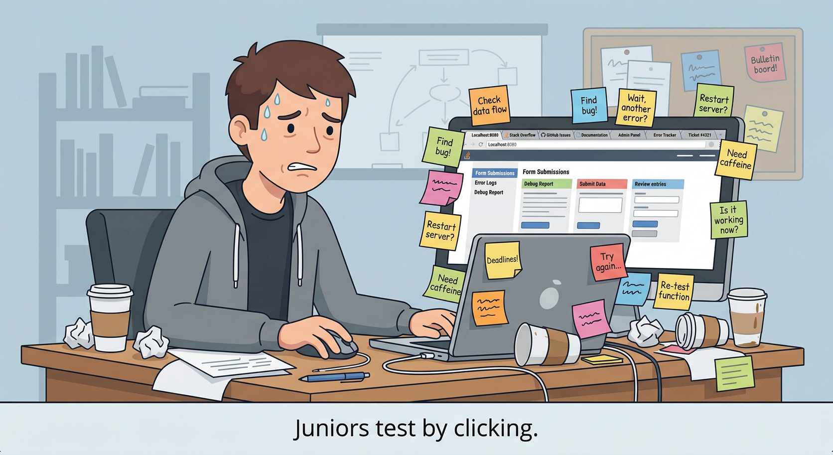 A stressed developer surrounded by sticky notes, manually clicking through a web app to test it. Caption: Juniors test by clicking.