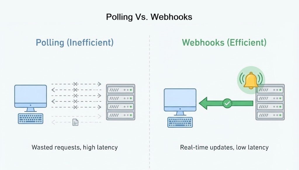 Side by side timeline comparing polling versus webhooks. Left: repeated requests from your app to an API with many empty responses. Right: a quiet line where only when events occur the API sends HTTP POST requests to your app.