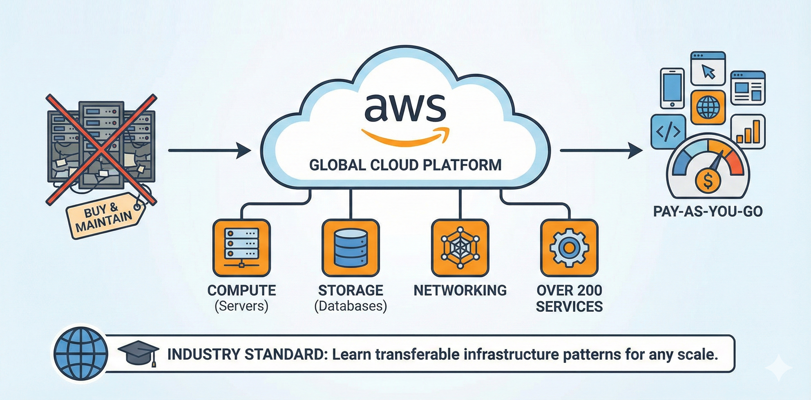 Diagram showing AWS as a global cloud platform. Left side shows physical servers crossed out with 'BUY & MAINTAIN' label. Center shows AWS cloud with four service categories: Compute (Servers), Storage (Databases), Networking, and Over 200 Services. Right side shows pay-as-you-go model with various application icons. Bottom banner reads: 'INDUSTRY STANDARD: Learn transferable infrastructure patterns for any scale.'